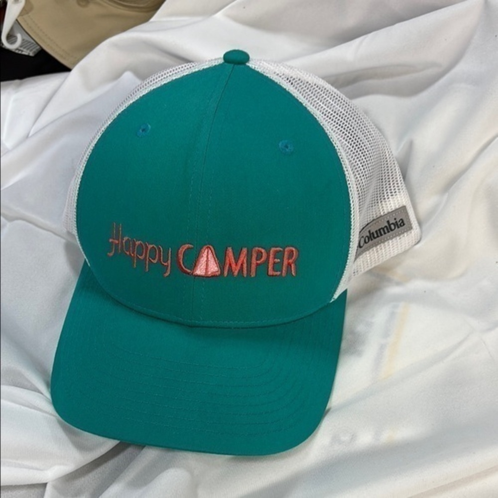 Columbia Spring grove Teal,coral & White Happy Camper adjustable snap back hat